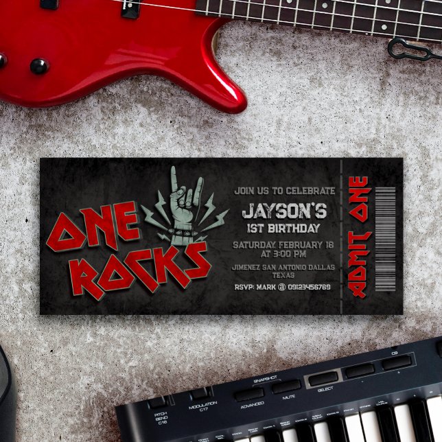 One Sten - Boy 1st Birthday Biljett Inbjudningar (One Rocks Ticket Invitation)
