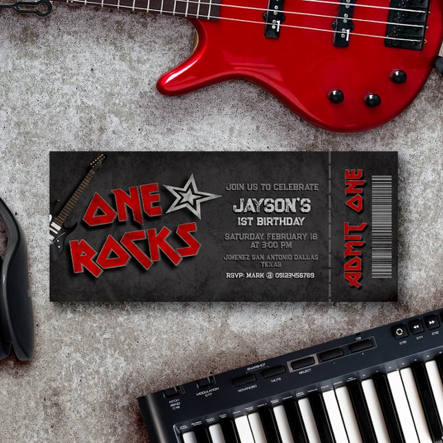 One Sten - Boy 1st Birthday Inbjudningar (One Rocks - 1st Birthday Ticket Invitation)
