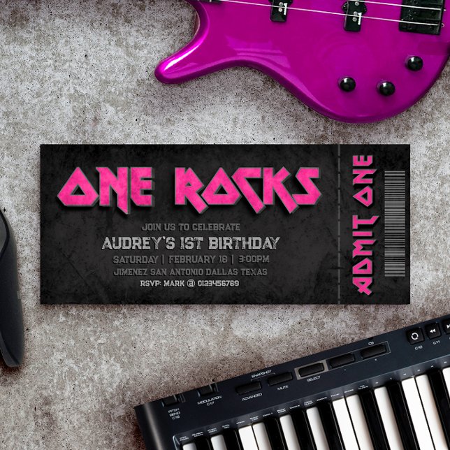 One Sten - Girl 1st Birthday Biljett bjudande in Inbjudningar (One Rocks - Girl 1st Birthday Ticket Invitation)