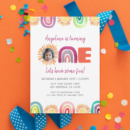 ONE Sunshine Rainbow 1st Birthday Watercolor Photo Inbjudningar