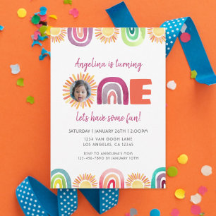 ONE Sunshine Rainbow 1st Birthday Watercolor Photo Inbjudningar