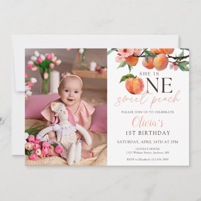 One Sweet Peach 1st Birthday Photo Inbjudningar (Framsida)
