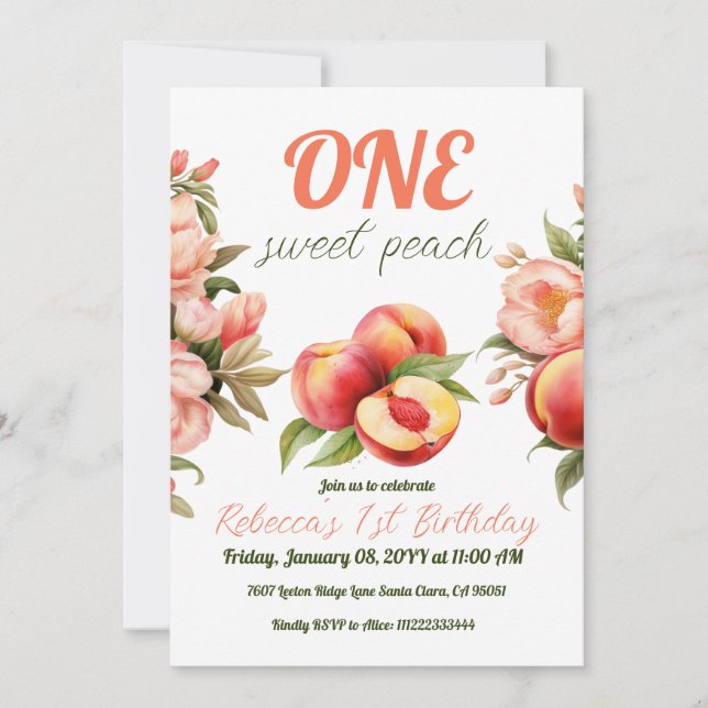 ONE Sweet Peach Summer Blommigt 1st First Birthday Inbjudningar (Framsida)