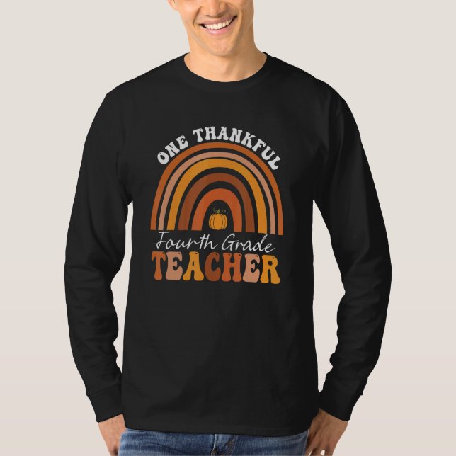 One Thankful 4th Grade Teacher Groovy Thanksgiving T Shirt (Framsida)