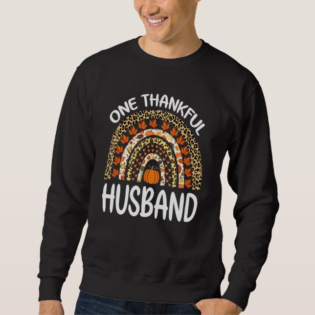 One Thankful Husband Thanksgiving Rainbow Leopard  Lång Ärmad Tröja (Framsida)