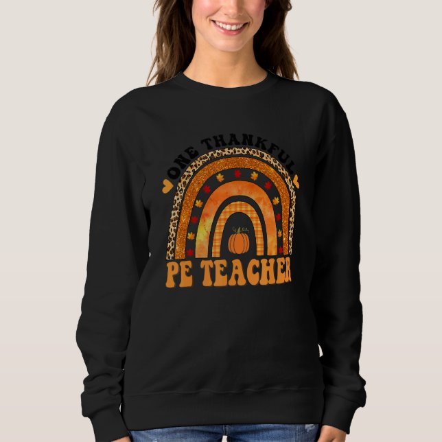 One Thankful PE Teacher Rainbow Leopard Groovy Tea T Shirt (Framsida)
