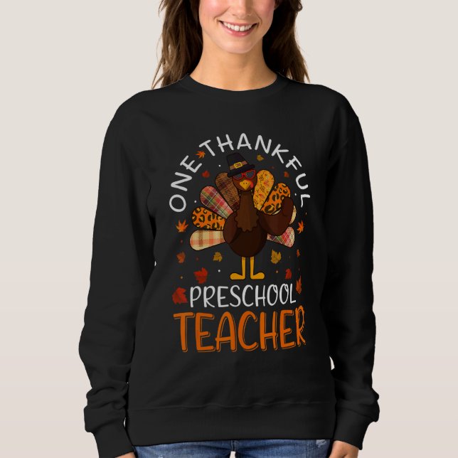 One Thankful Preschool Teacher Leopard Thanksgivin T Shirt (Framsida)
