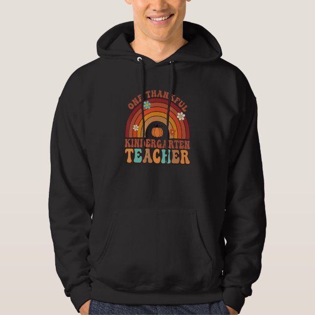 One Thankful Teacher Groovy Thanksgiving Rainnow T Hoodie (Framsida)