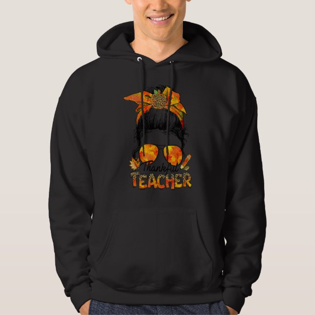 One Thankful Teacher Leopard Messy Bun Thanksgivin Hoodie (Framsida)