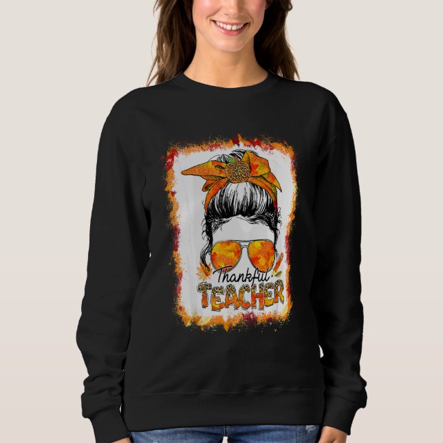 One Thankful Teacher Leopard Messy Bun Thanksgivin T Shirt (Framsida)