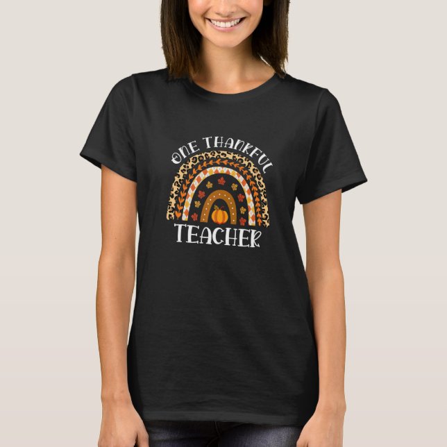 One Thankful Teacher Rainbow Leopard Thanksgiving  T Shirt (Framsida)