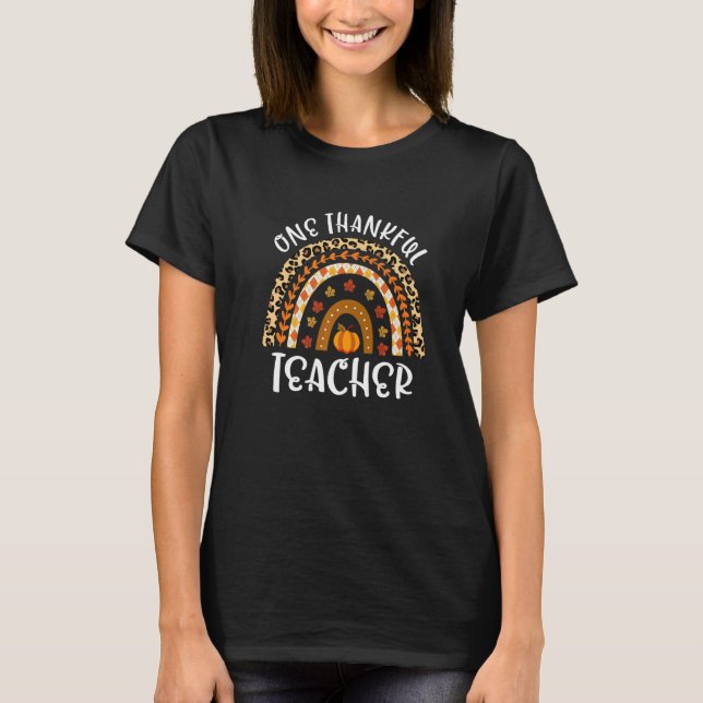 One Thankful Teacher Rainbow Leopard Thanksgiving  T Shirt (Framsida)