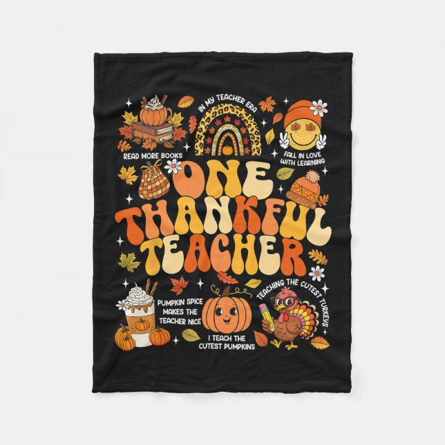 One Thankful Teacher Thanksgiving Groovy Fall Autu Fleecefilt (Framsidan)