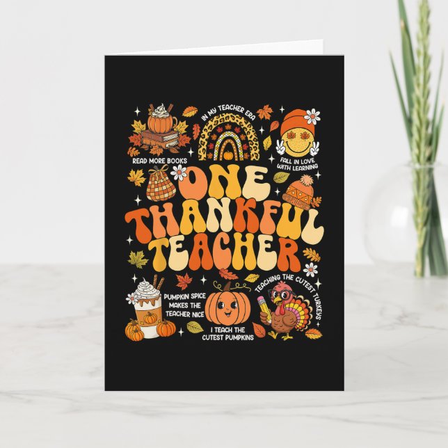 One Thankful Teacher Thanksgiving Groovy Fall Autu Kort (Framsida)