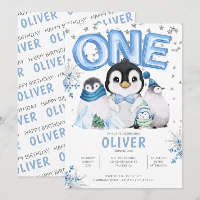 ONE Winter Penguins Boy 1st Birthday Inbjudningar (Fram/baksida)