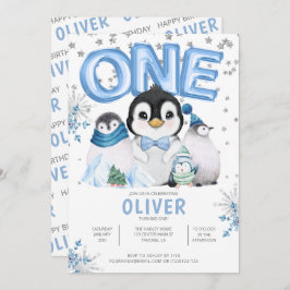 ONE Winter Penguins Boy 1st Birthday Inbjudningar