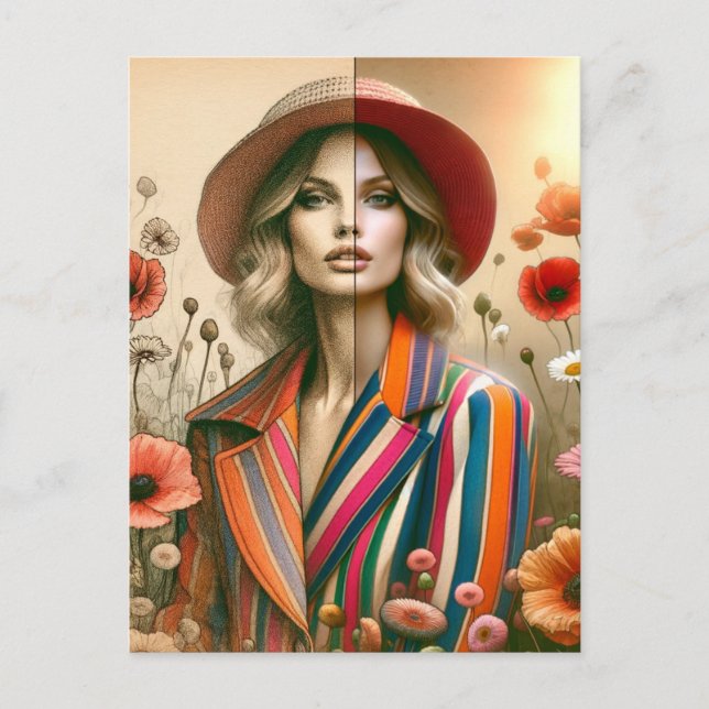 One Woman Two Stilar Rand Mode Sketch Vykort (Framsida)