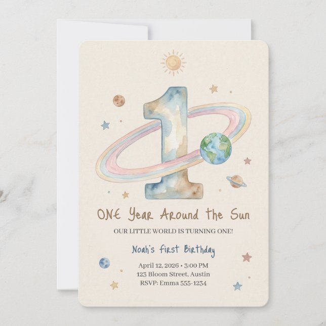 One Year Around The Sun 1st Birthday Invitation Inbjudningar (Framsida)
