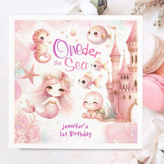 ONEder Sea 1st Birthday Cute Girl Sjöjungfru Rosa Pappersservett (Skapare uppladdad)