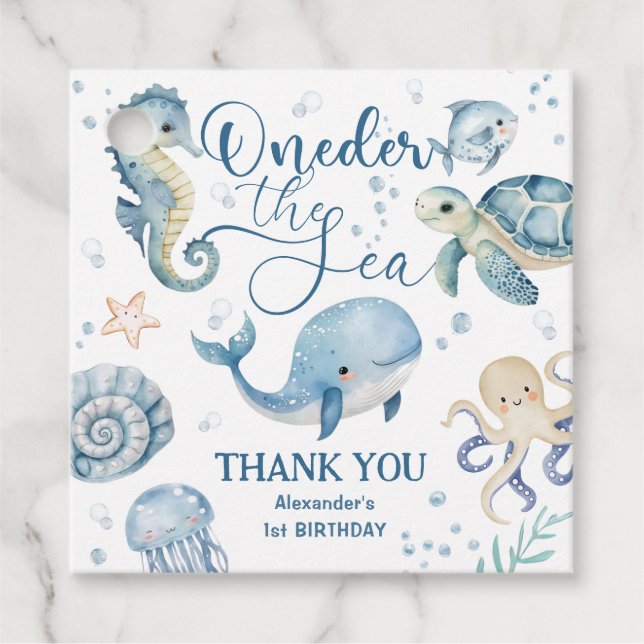 ONEder Sea Boy 1st Birthday Cute Blue Ocean Gåvor Etiketter (Framsida)