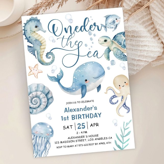 ONEder Sea Boy 1st Birthday Cute Blue Ocean Inbjudningar (Skapare uppladdad)
