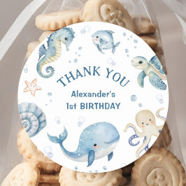 ONEder Sea Boy 1st Birthday Cute Blue Ocean Runt Klistermärke