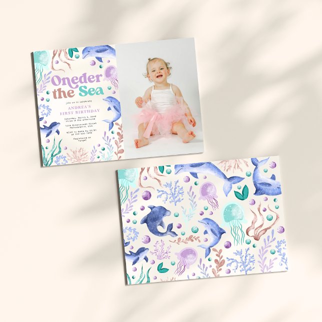 Oneder Sea Dolphin Retro First Birthday Photo Inbjudningar (Skapare uppladdad)