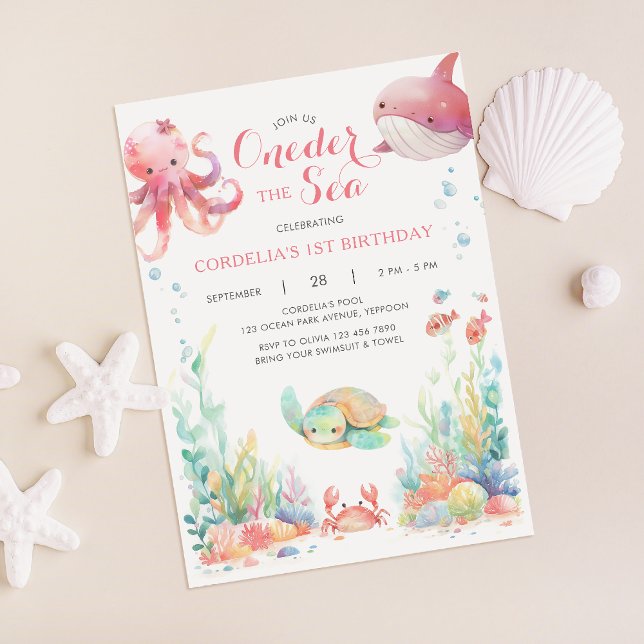 Oneder Sea First Birthday Rosa Investigation Inbjudningar (Skapare uppladdad)