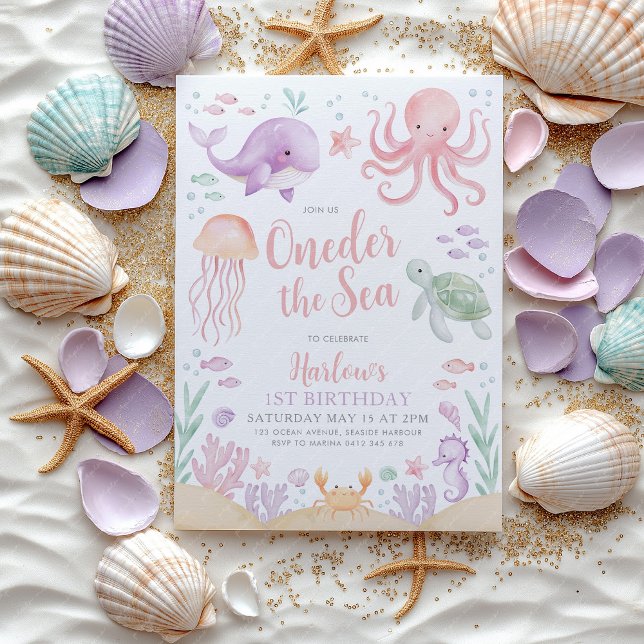 Oneder Sea Girl 1st Birthday Rosa Inbjudningar (Oneder the Sea Girls 1st birthday invitation | Ocean animal theme)