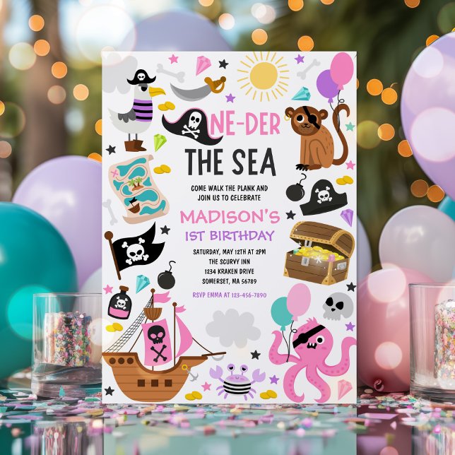 Oneder Sea Girl Rosa Pirat 1:a födelsedagen Party Inbjudningar (Skapare uppladdad)