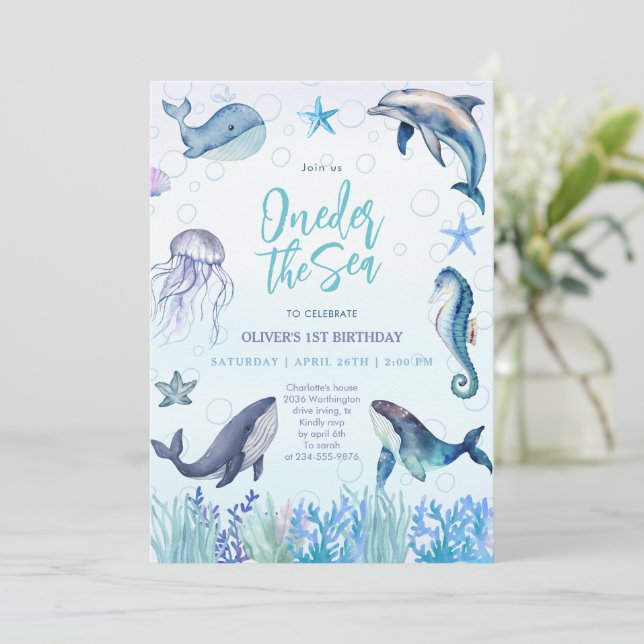 Oneder Sea Ocean Animals 1st Boy Birthday Inbjudningar (Stående Fram)