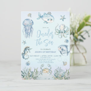 Oneder Sea Ocean Animals Boy 1 Birthday Inbjudningar