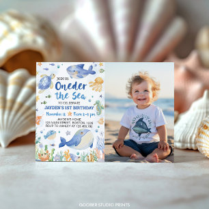 Oneder Sea Ocean Animals Boy Birthday Photo Inbjudningar
