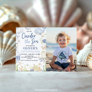 Oneder Sea Ocean Animals Boy Birthday Photo Inbjudningar