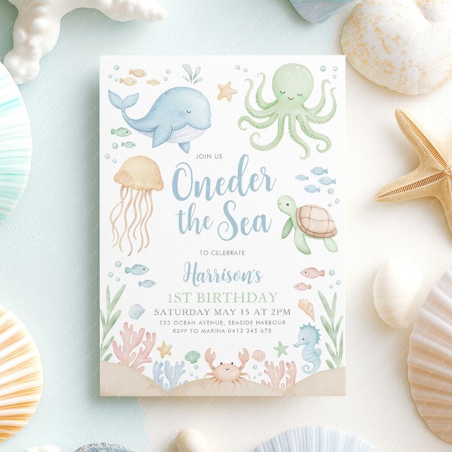 Oneder Sea Ocean Boy 1:a födelsedagen Inbjudningar (Oneder the Sea boys 1st birthday invitation | Sea themed birthday party)