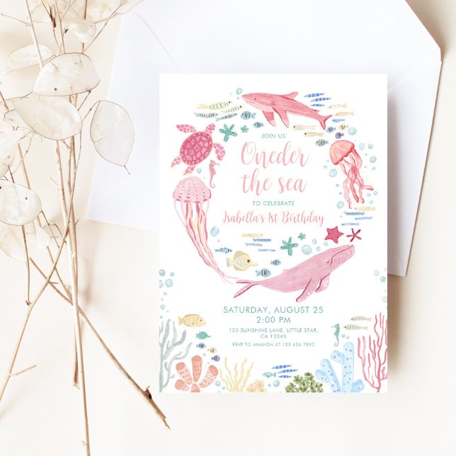 Oneder Sea Rosa Ocean Animals 1:a födelsedag Inbjudningar (Skapare uppladdad)