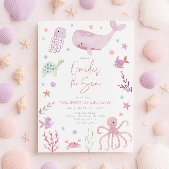 Oneder Sea Rosa Pastel 1:a födelsedagen Inbjudningar (Skapare uppladdad)