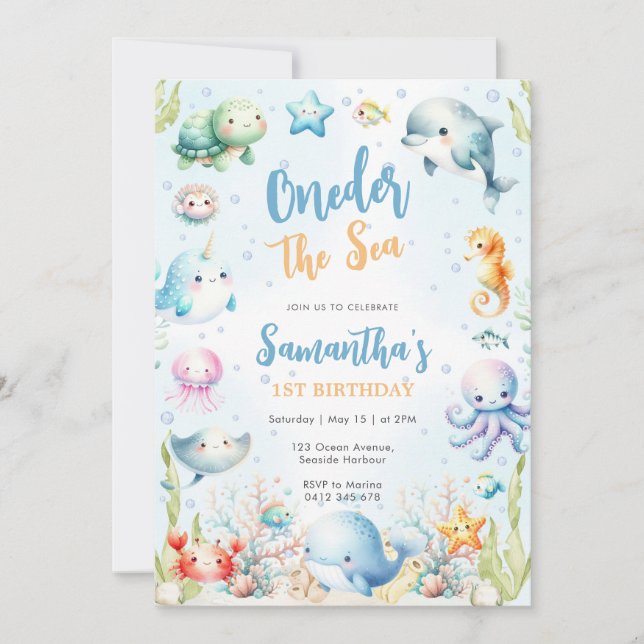 Oneder The Sea 1st Birthday Invitation Inbjudningar (Framsida)