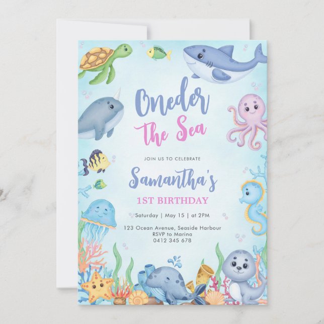 Oneder The Sea 1st Birthday Invitation Inbjudningar (Framsida)