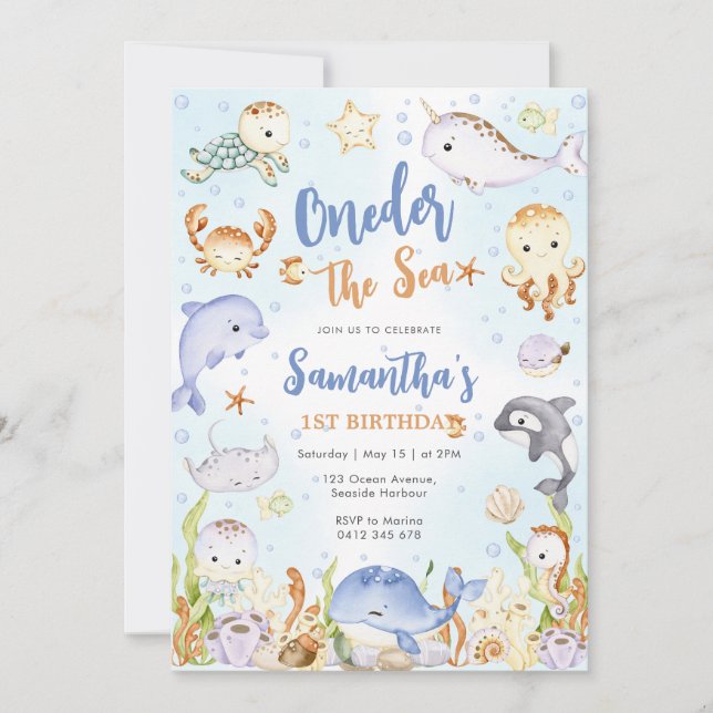 Oneder The Sea 1st Birthday Invitation Inbjudningar (Framsida)