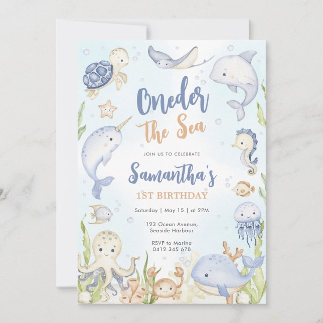 Oneder The Sea 1st Birthday Invitation Inbjudningar (Framsida)