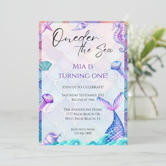 Oneder The Sea 1st Mermaid Födelsedagsinbjudan Inbjudningar (Stående Fram)