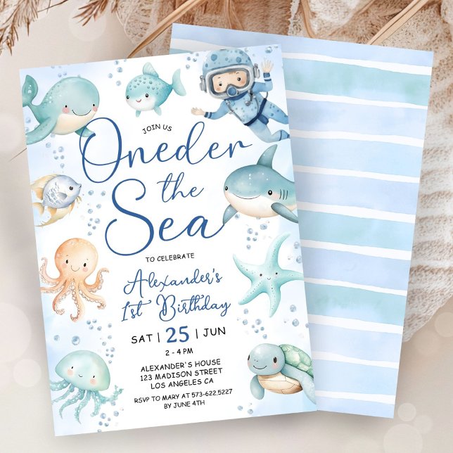 ONEder The Sea Boy 1st Birthday Cute Blue Ocean  Inbjudningar (Skapare uppladdad)