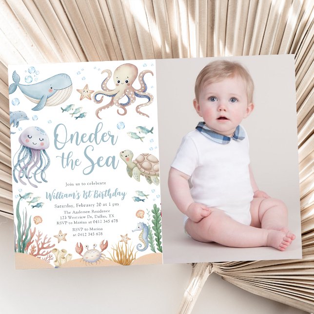 Oneder The Sea Havsdjur 1-års Födelsedagsfoto Inbjudningar (Skapare uppladdad)