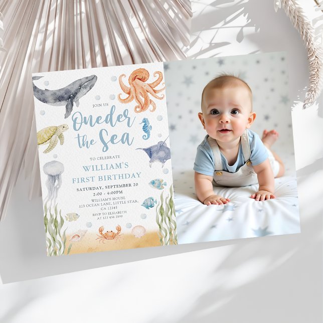 Oneder The Sea Havsdjur 1-års Födelsedagsfoto Inbjudningar (Skapare uppladdad)