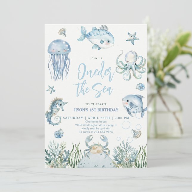 Oneder the Sea Havsdjur Pojke 1-årsdag  Inbjudningar (Stående Fram)