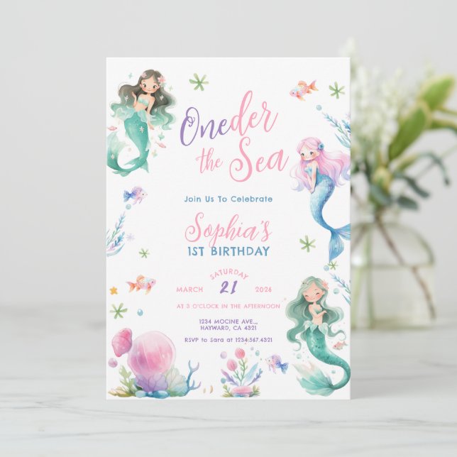 ONEder the Sea Little Mermaid First Birthday Inbjudningar (Stående Fram)