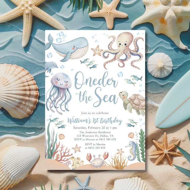 Oneder The Sea Ocean Animals 1st Birthday Inbjudningar (Skapare uppladdad)