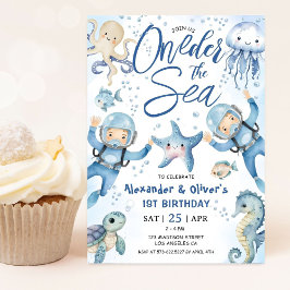 ONEder The Sea Twin Boy 1st Birthday Cute Ocean  Inbjudningar