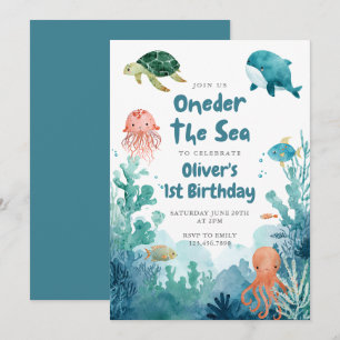 Oneder under havet Söt akvarell 1-årsfest Inbjudningar
